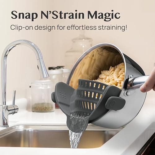 Kitchen Gizmo Snap N' Strain - Silicone Pasta Strainer Clip-On for Pots and Pans - Heat Resistant Colander for Vegetables and Noodles - Kitchen Gadgets for Cooking - Space-Saving Design - Gray thumbnail 4