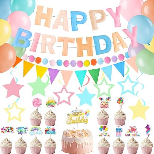 Pre-Strung 3D Felt Happy Birthday Banner Decorations, Macaron Color Birthday Decorations Felt Pom Pom Garland Triangle Fabric Banner Balloons Hanging Swirl Cake Toppers For Girls Boys Women Men Handmade Reusable Birthday Decorations Supplies - Image 1