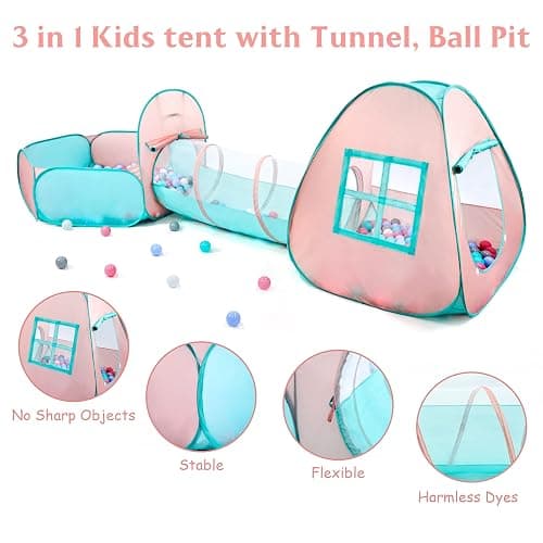 3 in 1 Pop Up Kids Play Tent with Tunnel and Ball Pit for Kids, Boys, Girls, Babies and Toddlers, Indoor/Outdoor Playhouse,Orange Pink/Light Green - Orange/Green thumbnail 6