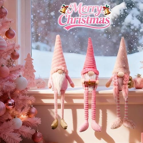 ZEBNYYA Pink Christmas Gnomes Plush Elf Decoration - 3PCS Handmade Xmas Long Dangle Leg Winter Gnomes Hold Christmas Tree Candy Cane Gift Box Santa Dolls for Home Table Ornament, Tiered Tray Decor thumbnail 2