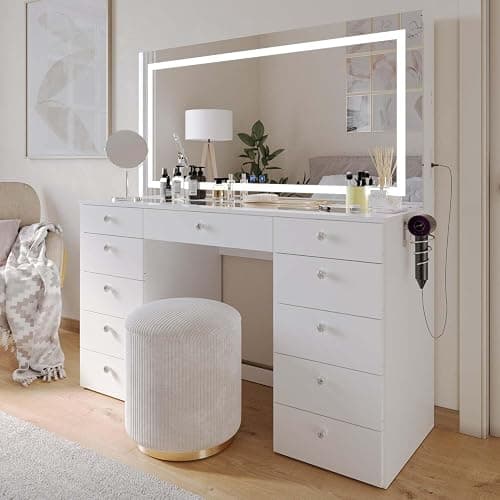 Boahaus Orla Modern Makeup Vanity Desk with Built-in Light Bulbs, USB Port, Power Outlet, 11 Drawers, Hollywood Vanity Mirror, Glam Glass Top, White/Crystal thumbnail 5