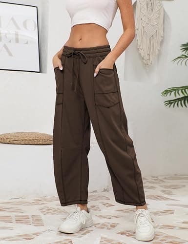 Athlisan Womens Baggy Barrel Pants Wide Leg Lounge Drawstring Sweatpants with Pockets thumbnail 3