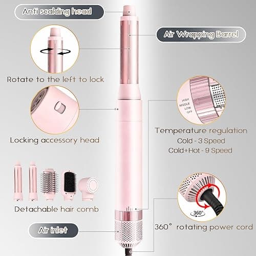 5 in 1 Air Wrap Hair Styler,Dual Voltage Professional Frizz Free Hair Dryer Brush - High-Speed Hot Air Styler, No Heat Damage Auto Wrap Hot Air Styler Wrap, Fast Drying, Curling, Straightening (Pink) thumbnail 5