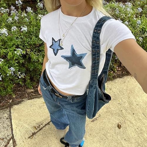Y2k Cute Star Bow Graphic Print Baby Tees Shirt Women Short Sleeve Fruit Cherry Aesthetic Teens Girl Crop Tops thumbnail 5