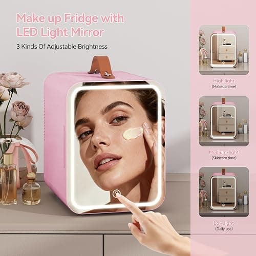 ARTETHYS Mini Skincare Fridge for Bedrooms, 4L Small Car Fridge with LED Mirror, Cooler and Warmer, Beauty Fridges for Home Office, 220V AC/12V DC, Pink thumbnail 5