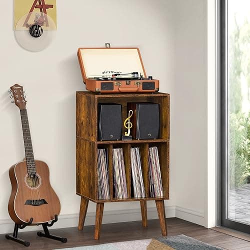 Lerliuo Record Player Stand, Brown Turntable Stand Holds up to 160 Albums, Mid-Century Vinyl Storage Cabinet Table with Solid Wood Legs, Record Player Holder Dispaly Shelf for Bedroom Living Room thumbnail 5