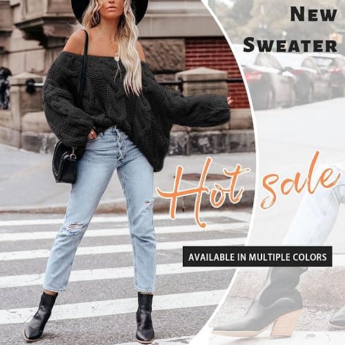 Women's Oversized Knit Crewneck Off Shoulder Long Sleeve Loose Solid Color Pullover Sweater Top thumbnail 5