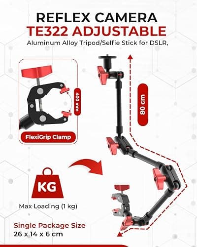 REFLEX CAMERA Metal Articulating 32" Magic Arm with Super Clamp Overhead Camera Mount – 1kg Load Capacity, Boom Arm with 1/4", 3/8" Screws Mounts - Photography, Videography & Streaming - Adjustable thumbnail 2