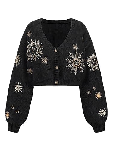 BEAUDRM Women's Cropped Cardigan Sweater Embroidered Cardigan Cropped Sweater Button Down Knit Top Outerwear - Image 1
