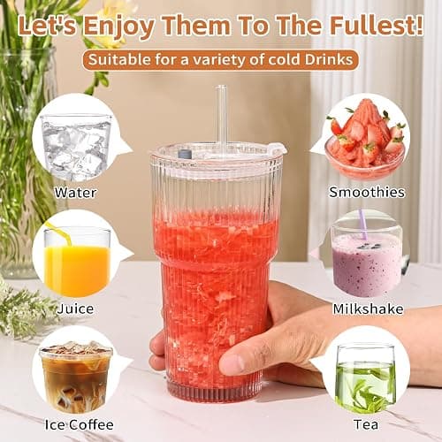 AUFXKOO 20oz Ribbed Glass Cups with Lids and Straws,2PCS Glass Tumbler with Straw and Lid,Drinking Glasses for Iced Coffee Cups,Juice,Smoothies thumbnail 5
