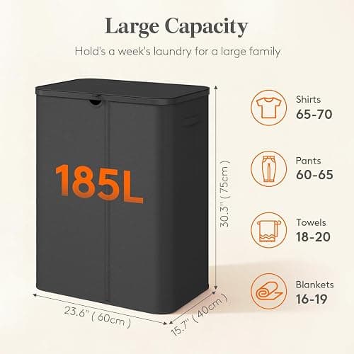 Lifewit 185L 3 Section Laundry Hamper with Lid, Laundry Basket, Black | Large Foldable Laundry Sorter with 3 Removable Bags, Tall Clothes Hamper for Bedroom and Bathroom thumbnail 2