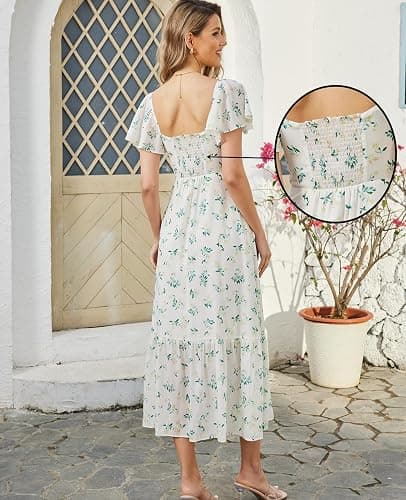GLNEGE Women's 2025 Summer Midi Floral Boho Dresses Casual Flowy Beach Short Sleeve Dress Ruffle Hem Smocked Sundresses thumbnail 3