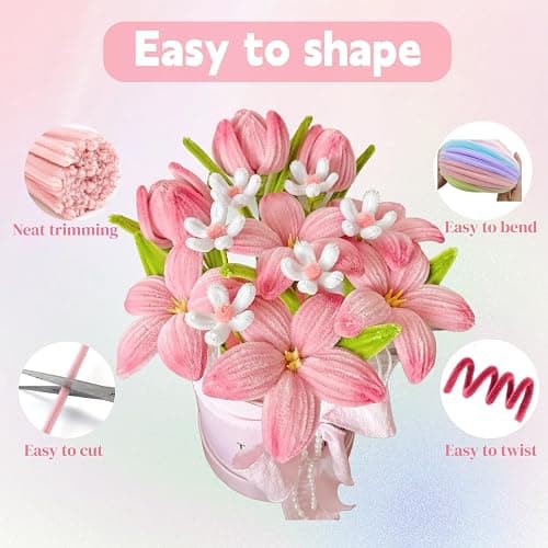 LansinLife 400 Pcs Pipe Cleaners Craft Set, 4 Assorted Pink Pipe Cleaners Bulk, Chenille Stems for DIY Flower Making Kit with Floral Stems, Gardening Tape, Stamen, Ribbon for DIY Bouquet Gift (Pink) thumbnail 3