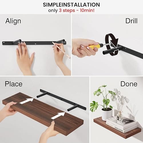 BAYKA Walnut-Like Floating Shelves 22.5in, 3Pack, Wall Mounted Wall Decor | Easy Install, 22lbs Max Load, Hidden Bracket, Shelf for Bathroom Bedroom Kitchen Books Display Storage, Multi-Wall Compatible thumbnail 7
