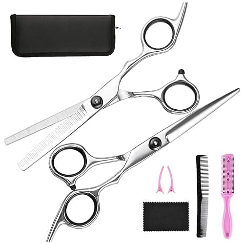 Hair Cutting Scissors Thinning Shears- Fcysy Professional Barber Sharp Hair Scissors Hairdressing Shears Kit with Haircut Accessories in Leather Case for Cutting Styling Hair for Women Men Pet- 7 Pcs - Black