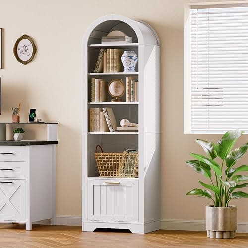 HOOBRO 71" Tall Arched Bookshelf, 6-Tier Narrow Arched Bookcase with File Drawer, Farmhouse BookShelf with Adjustable Shelves, Wooden Bookshelf with Open Display Shelves for Living Room, Office, White thumbnail 4