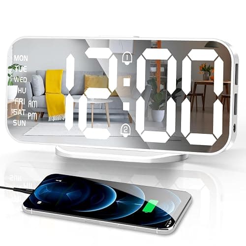 Alarm Clocks for Bedrooms, Slim LED Mirror Digital Alarm Clock, Large Display with Diming Mode, Dual Alarms & USB Ports, 4 Levels Brightness, Desk Clock for Office Home Bedroom Living Room Decor - Image 1