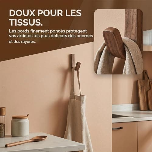 Lot de 6 Patères en J Couleur Noyer, pour Salle de Bain, Chambre, Entrée | Crochets Autocollants en Bois de Noyer Type J, Surface Polie, Wall Mount Walnut Wooden Hooks for Hanging, Patère Bois Murale thumbnail 4