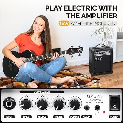 GLARRY Full Size Acoustic Electric Bass Guitar Beginner Kit w/ 15W Amp, Cutaway 4 Strings Electric Acoustic Bass Guitar w/Inbuilt Tuner, Bag, Strap, Picks, Strings, Bass Guitarra，Matte Black thumbnail 4