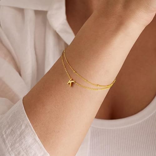 Turandoss Gold Initial Bracelets for Women, Dainty 18K Real Gold Plated Layered Letter A-Z Initial Bracelets Personalized 26 Alphabet Monogram Gold Bracelets for Women Jewelry Gifts Trendy thumbnail 4