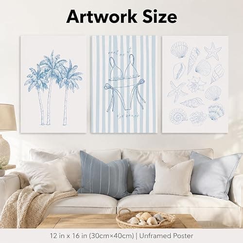 3Pcs Blue Coastal Unframed Canvas Wall Art, Preppy Beach Summer Decor | Palm Tree & Bikini Seashell Line Art, Minimal Nautical Theme, Flexible Frame, for Hallway, Bedroom & Living Room Decor thumbnail 2
