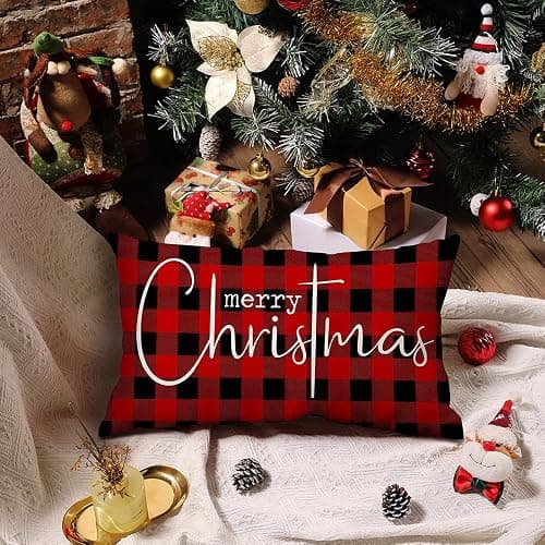 Allorry Christmas Pillow Covers Merry Christmas Throw Pillow Decorative Christmas Red and Black Cotton Cloth Linen Cloth Pillow Cover Sofa Cover Decorative Rectangle Length 12X20 thumbnail 2