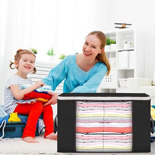Large Storage Bags, 6 Pack Clothes Storage Bins Foldable Closet Organizers Storage Containers with Durable Handles Thick Fabric for Blanket Comforter Clothing Bedding 90 L (Black) - Black - 6 Pack thumbnail 7