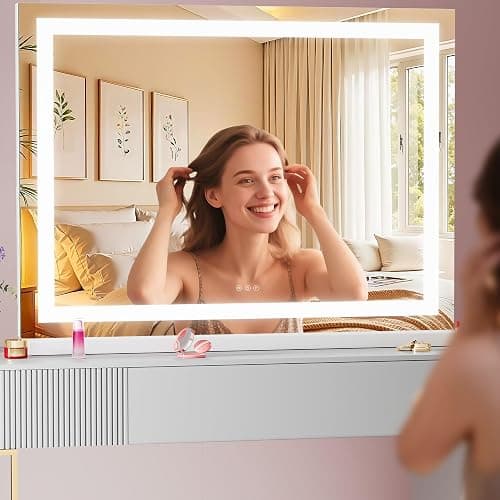 Batuso Vanity Mirror with Lights, 28" x 20" LED Makeup Mirror with 10X Magnification, Dimmable 3 Modes, Memory Function, Smart Touch, USB Charging Port, Lighted Makeup Mirror Square White thumbnail 2