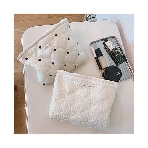 uekeboag White Quilted Cotton Makeup Pouch,Coquette Quilted Toiletry Bag for Women and Girls, Floral Coquette Organizer Bag, Aesthetic Travel Cosmetic Bags(03White Shells) - 03White Shells thumbnail 2