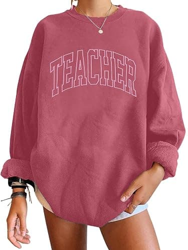 BANGELY Teacher Sweatshirt Women Oversized Retro Teach Crewneck Shirt Embroidery Teacher Life Pullover Long Sleeve Tops thumbnail 2