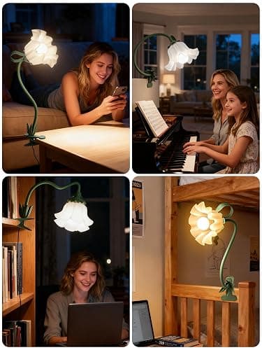 DSYHYL Clip on Light Flower Desk Lamp, LED Reading Light 3 Color Modes Eye-Caring Book Light Flexible Gooseneck Bedside Clip on Lamp for Desk Piano Office Bed Headboard Dorm (Green Lamp) thumbnail 7