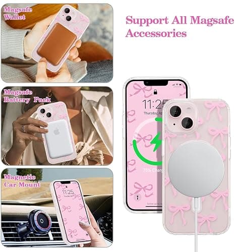 UEEBAI Magnetic for iPhone 15 Case, Bow Case Compatible with MagSafe, Wireless Slim Clear Ribbon Aesthetic Phone Cover Anti-Yellowing Shockproof Protective Cover for Women Girl - Pink - Pink - iPhone 15 thumbnail 2