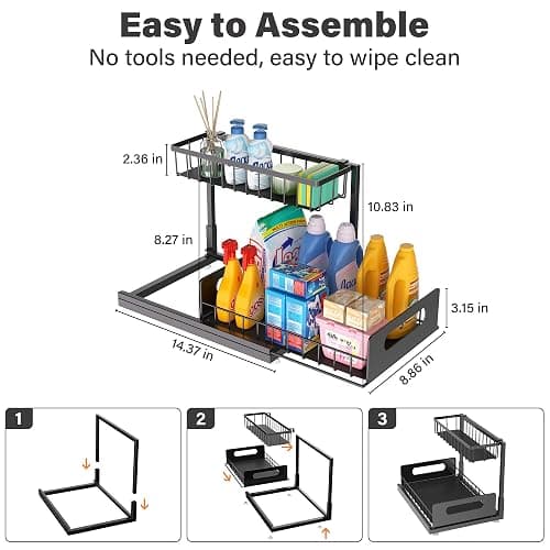 MERATIA Under Sink Organizer 2 Tier, Pull Out Drawer Slides Under Sink Storage for Bathroom Kitchen,Multi-Purpose Drawer Under Cabinet Organizer for Cleaning Supplies (Black, 2 Pack) thumbnail 2