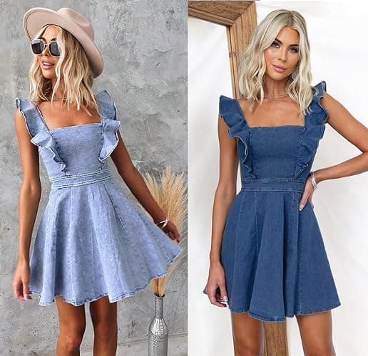 utcoco Denim Dress for Women Ruffle Adjustable Strap Sleeveless Backless Babydoll Mini Jean Dresses thumbnail 7