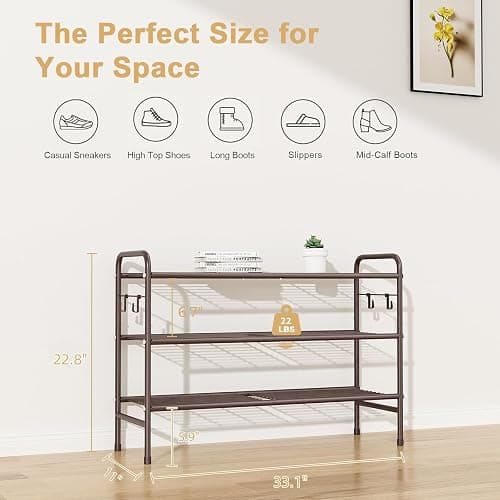 VILICK 3 Tier Shoe Rack 33" Wide Metal Shoe Organizer Long Shoe Storage with 4 Side Hooks Sturdy Shoes Shelf for Front Door Entrance, Closet, Garage, Dorm, Brown thumbnail 3