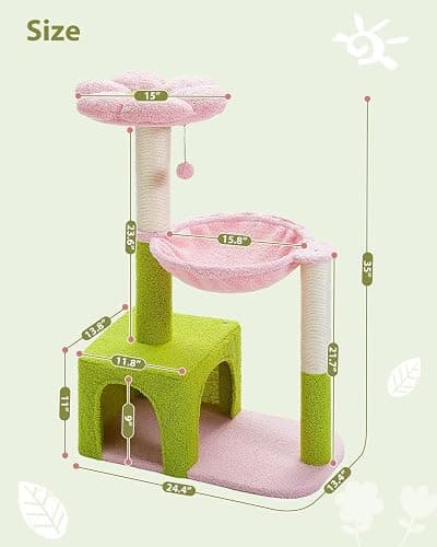 MUTTROS Flower Cat Tree with Large Metal Frame Hammock, 35" Cute Cat Tower with Sisal Scratching Posts for Small Indoor Cats, Cat Condo with Pink Top Perch for Kittens, Pink thumbnail 7