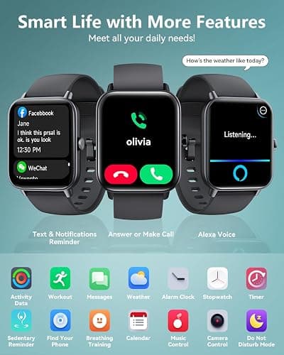 Smart Watches for Women/Men, Smart Watch for Android Phones and iPhone Compatible, Alexa Built-in, 1.8" Fitness Watches for Women, IP68 Waterproof /Bluetooth Call, Heart Rate/Sleep Monitor, Black thumbnail 6