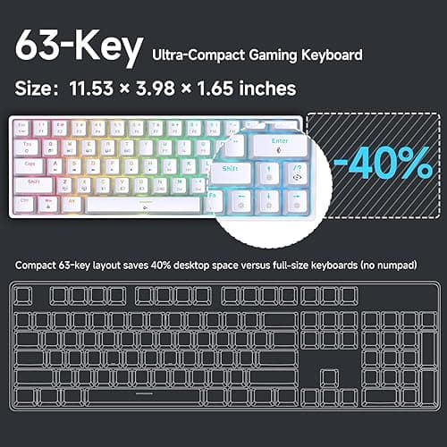 DIERYA DK63 60% Wireless Mechanical Gaming Keyboard | Bluetooth/2.4G/Wired | RGB Backlit | Anti-Ghosting Compact 63-Keys Mini Keyboard | with Red Switch | for Windows Laptop PC Gamer Typist-White thumbnail 3