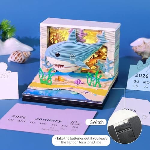 3D Calendar Notebook, Paper Material, 8.5x8.5x6.8cm, LED Light-Up Feature, Weekly Planner with Protective Acrylic Case, Gift Giving (shark) thumbnail 4