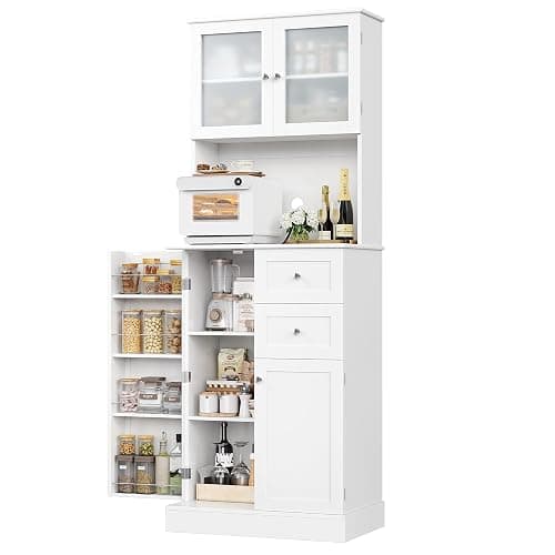 BOTLOG 72" Tall Kitchen Pantry Storage Cabinet with 4-Tier Door Shelves | Kitchen Hutch Cabinet with 2 Drawers, Frosted Glass Door for Dining Room, Modern White, Space-saving, apartment, small room - Image 1