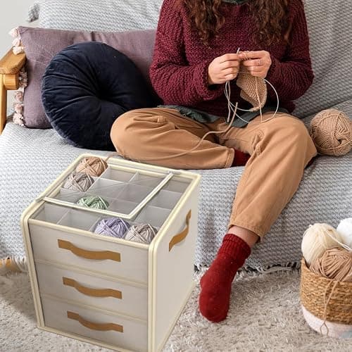 Temlum Yarn Storage Organizer with 3 Stackable Trays & Adjustable Dividers | Yarn Storage Container for Yarns, Crochet Hooks, Knitting Needles, Crochet Accessories thumbnail 6