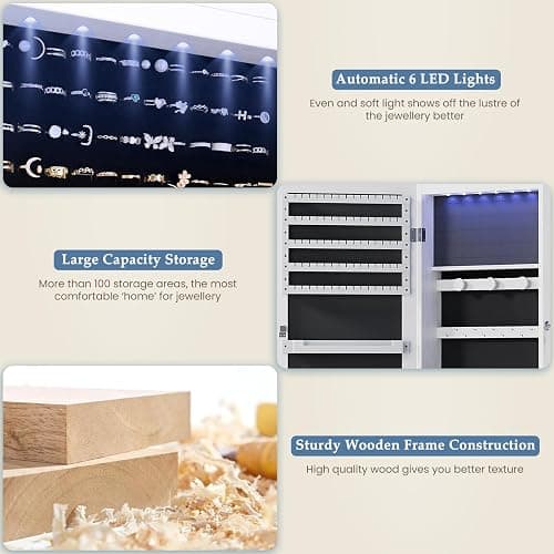 DUMOS 6 LEDs Mirror Jewelry Cabinet, Wall or Door Mounted Jewelry Organizer, 47.2-Inch Tall Lockable Large Capacity Cosmetic Storage, Gift Idea thumbnail 4