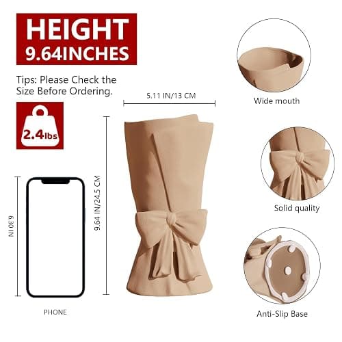 Relexome Beige Ceramic Bow Vase 9.64 in Unique Cute Modern Decorative Bouquet Flower Vases for Home Living Room Table Decor Women Girl Gifts thumbnail 2