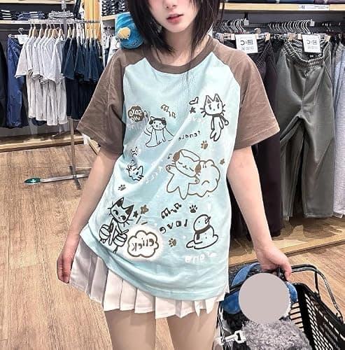Y2K Kawaii Cute Cat Print T-Shirts for Women Patchwork Harajuku Oversize Top Round Neck Cutecore Tee Tops thumbnail 3