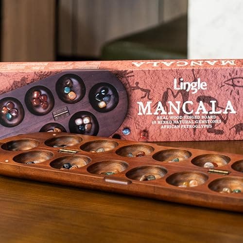 Lingle Deluxe Mancala Set: Real Wood Hinged Board with 48 Natural Multicolor Stones - Authentic African Petroglyphs, Foldable Design for 2-Player Strategy Game thumbnail 8