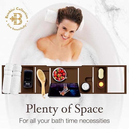 Foldable Bathtub Tray - Expandable Bamboo Bath Caddy with Wine, Book & Tablet Holder - Luxurious Bath Accessories, Perfect Spa Experience - Unique Gifts for Mom, Women, Couples, Housewarming (Brown) thumbnail 5