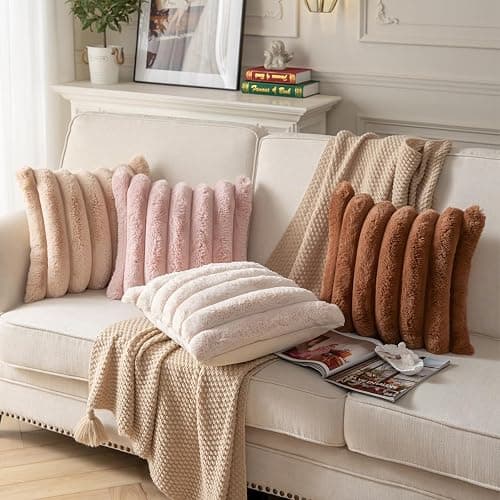 Joyouth Faux Fur Plush Throw Pillow Covers 18x18 Inch Set of 2 - Luxury Decorative Fuzzy Striped Soft Cozy Pillowcase for Couch, Sofa, Living Room - Pink thumbnail 5