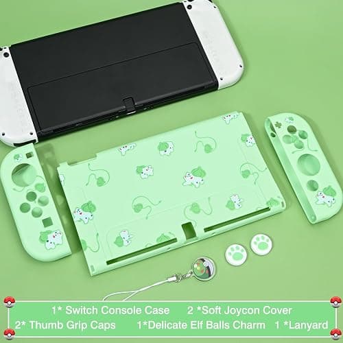 DLseego Funda Protectora Compatible con Switch OLED,Carcasa Delgada Suave al Tacto con 2 Tapas de Agarre para el Pulgar y Abalorio de Bolas de Elfo,Absorción de Golpes Antiarañazos,Rana Verde thumbnail 6