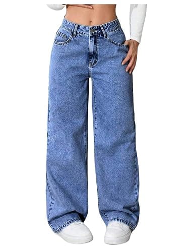 GORGLITTER Girl's Cute Baggy Wide Leg Jeans Elastic High Waisted Denim Pants Bottoms with Pockets - Image 1
