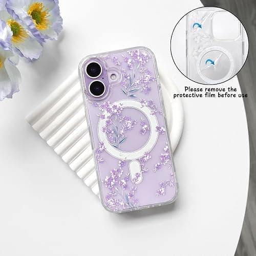 NITITOP for iPhone 17 Case Magnetic Clear Flower - Purple | Compatible with MagSafe, Cute floral leaves pattern, For woman girl, Soft TPU + Hard PC back, Shockproof protective cover thumbnail 4